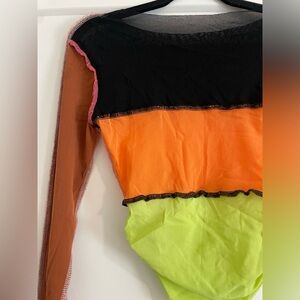 Y2K mesh color block exposed hem long sleeve